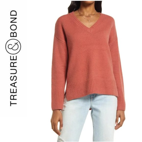 NEW Treasure & Bond High/Low V-Neck Sweater in Rust Marsala, Size X-Small - Picture 1 of 6
